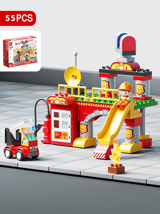 City Police & Fire Truck Building Blocks Set 55Pcs with box